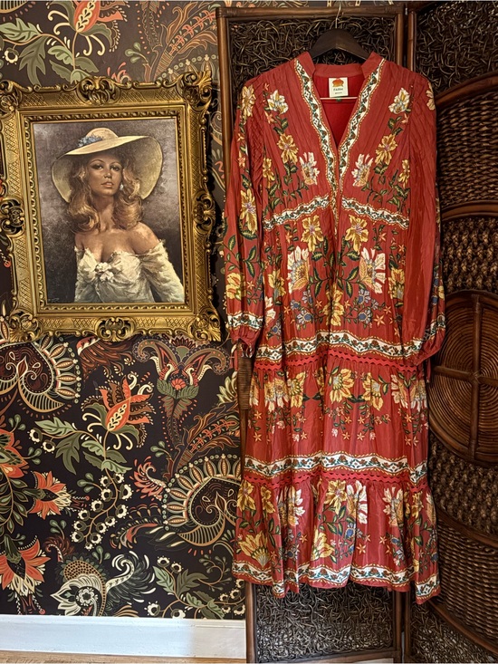 FARM Rio Dresses & Skirts - FARM Rio Red Garden Delight Long Sleeve Midi Dress | Boho Floral | Medium